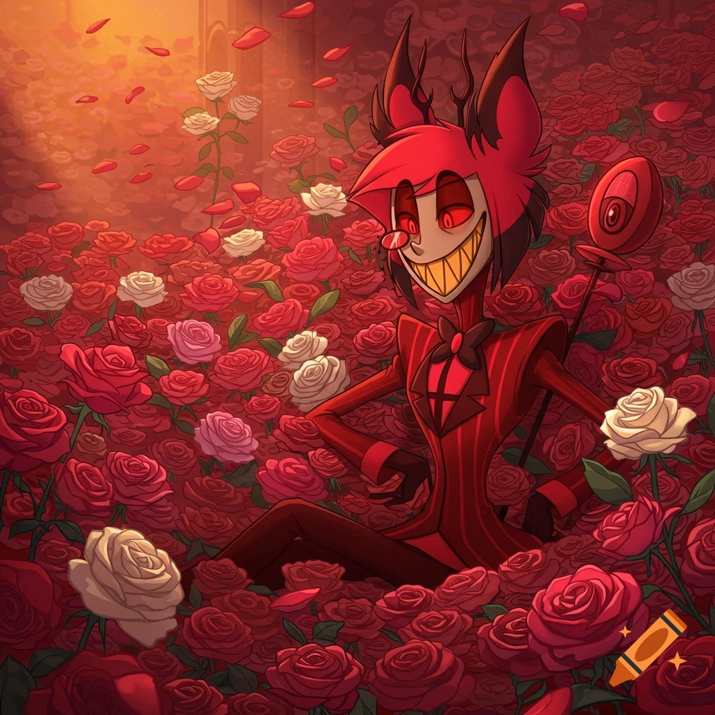 Alastor from Hazbin Hotel, a red demon with antlers and a wide smile, sits in a bed of red and white roses, cartoon style.