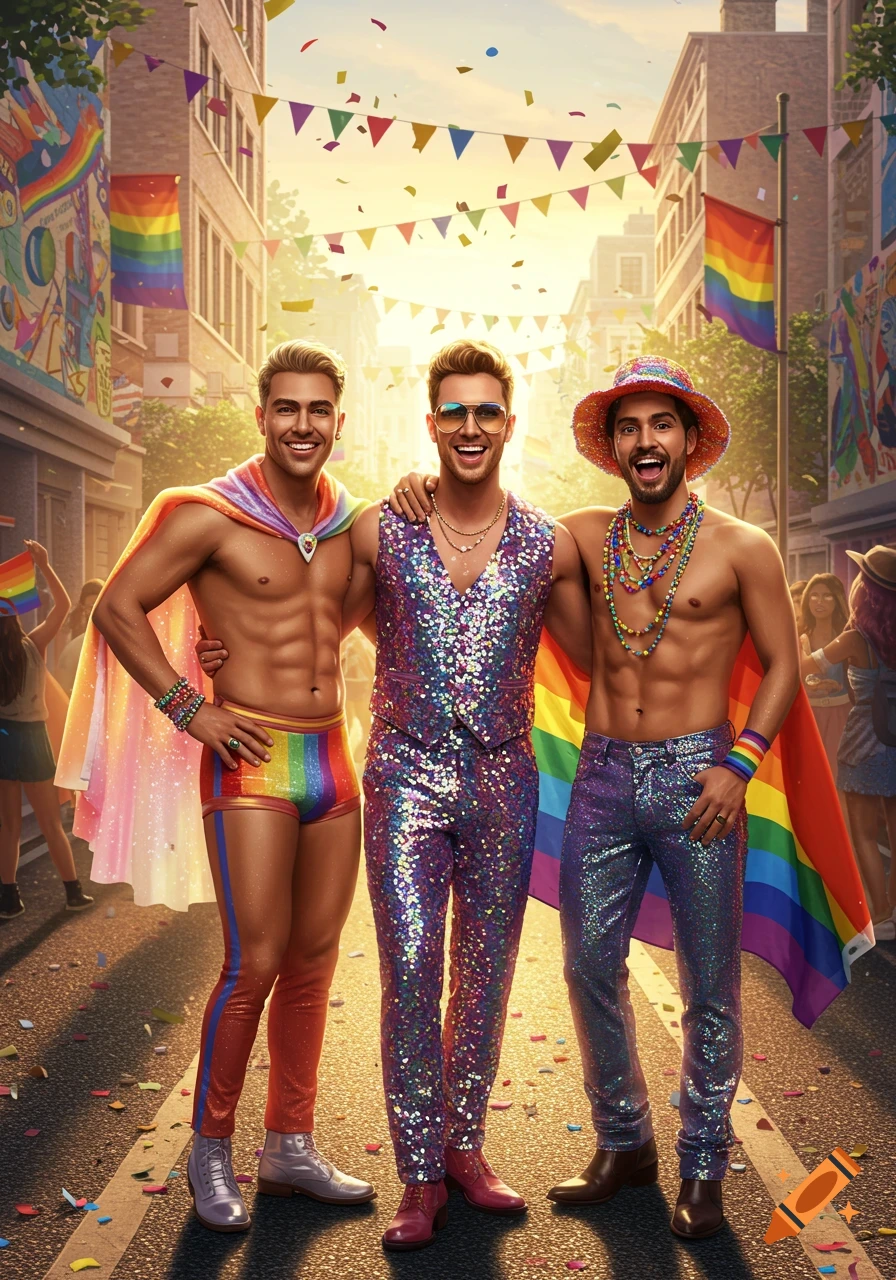 Three smiling shirtless men in glittering outfits and rainbow accessories pose at a lively Gay Pride parade with confetti and flags.