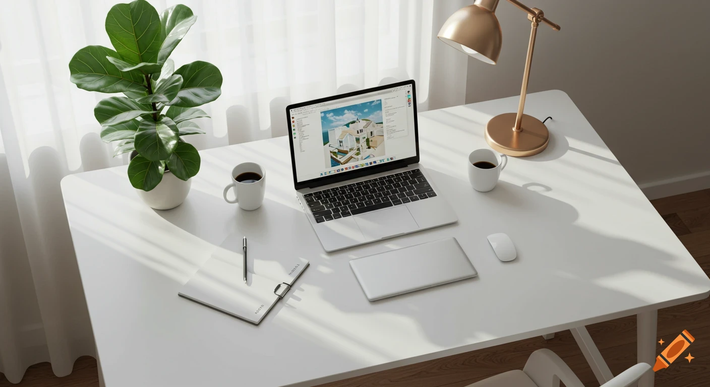 Photorealistic bird's eye view of a clean white workspace desk with a laptop displaying a house design, a fiddle leaf fig plant, and a gold lamp, bathed in natural light.