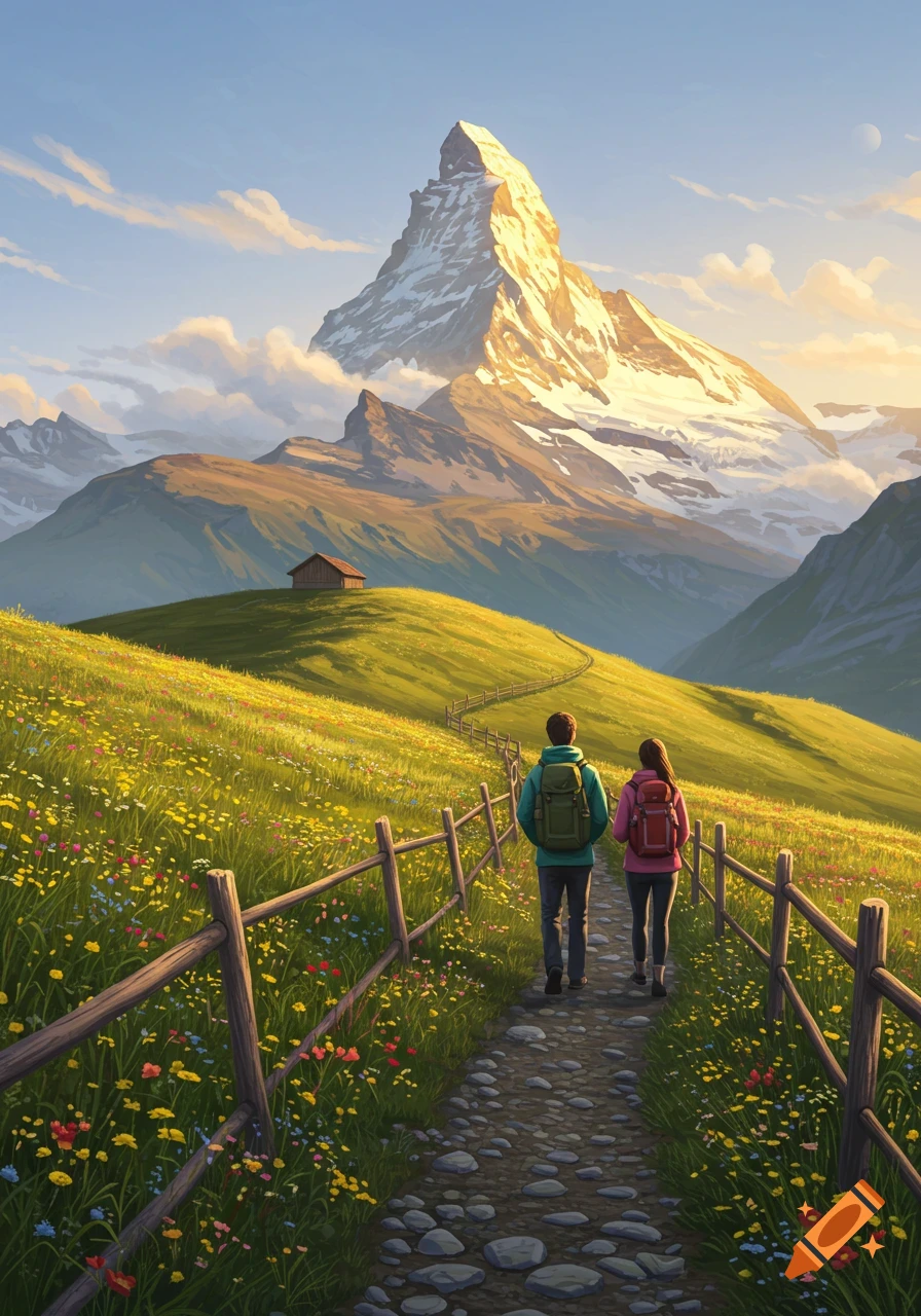 Illustration of two hikers on a stone path through a wildflower field, looking at a snow-capped mountain at sunset.