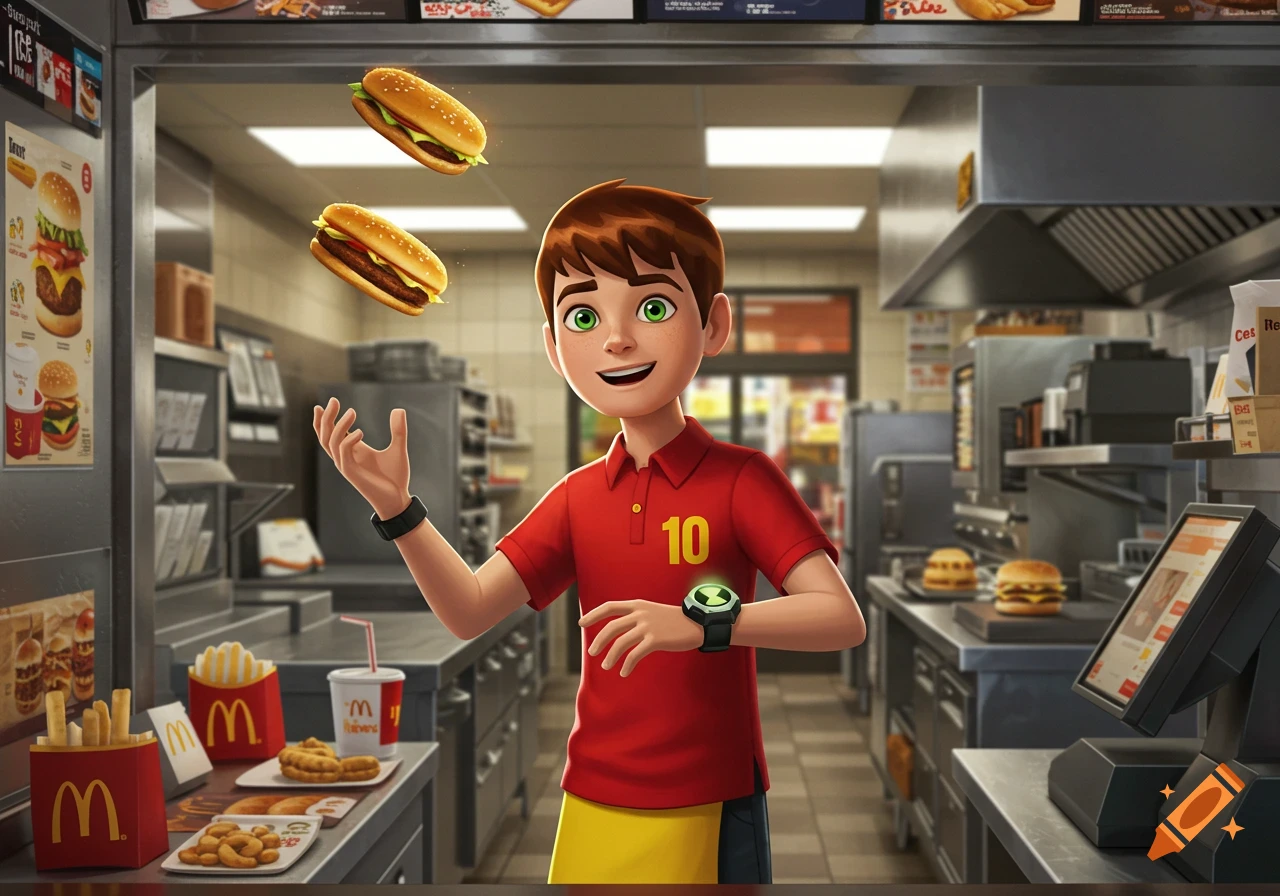 Animated Ben 10 in a McDonald's uniform, juggling two burgers in a restaurant kitchen, with fries and a drink on the counter. Cartoon style.