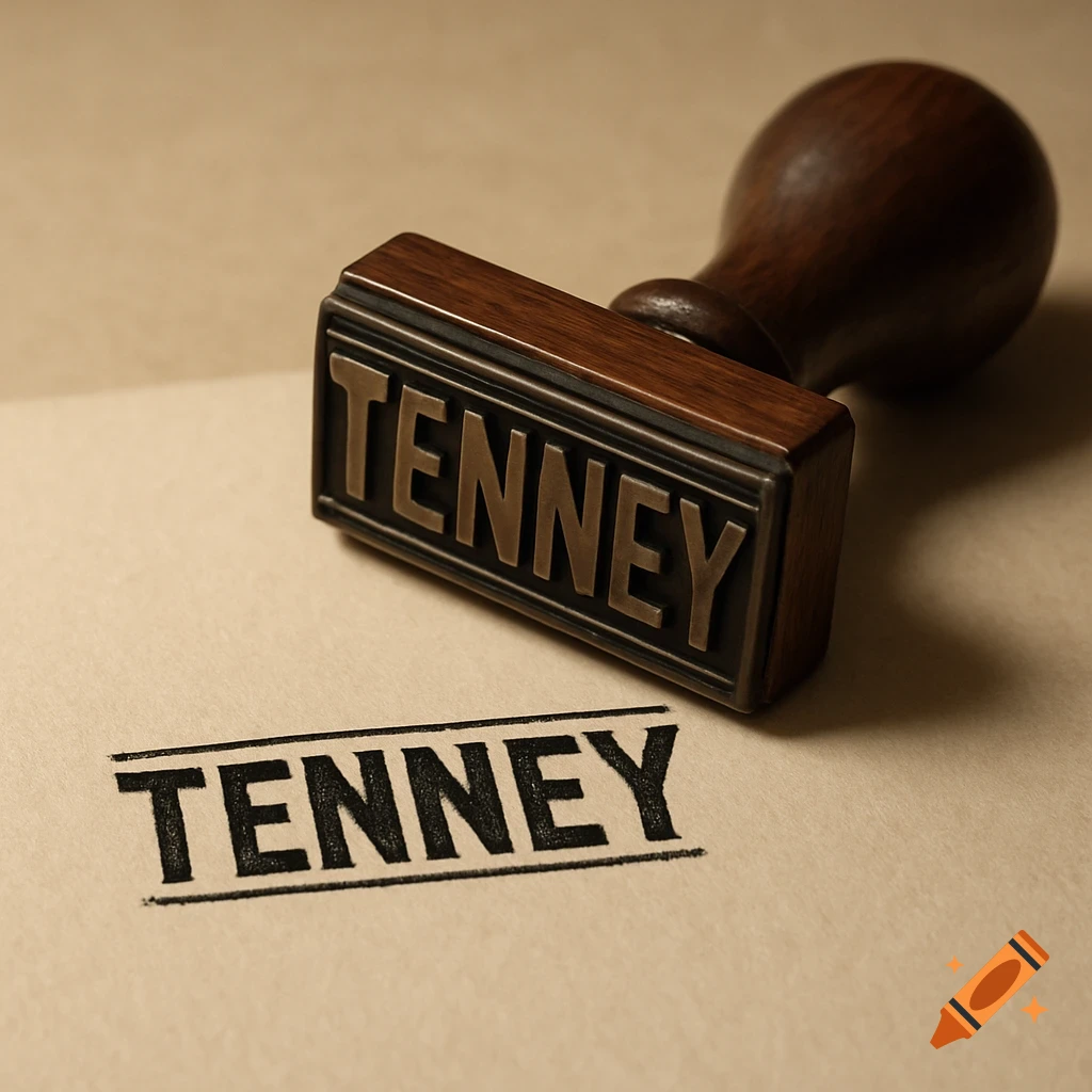 A wooden rubber stamp with "TENNEY" embossed on it, lying next to its black ink impression on light paper.