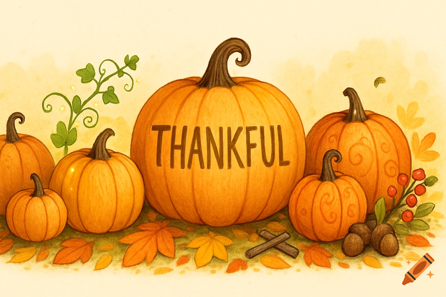 An illustration of a row of pumpkins and autumn decorations. The large central pumpkin says "THANKFUL".