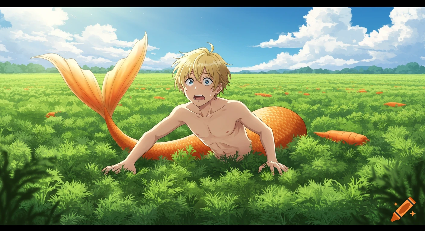 An anime blond merman with a carrot tail struggles to crawl through a field of carrot plants, looking lost.