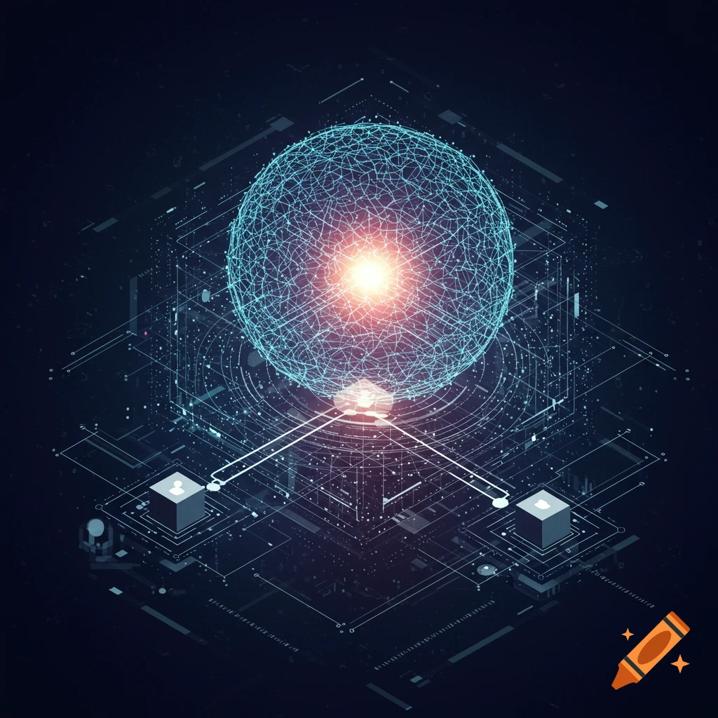 A glowing blue sphere of interconnected lines floats above a dark, futuristic circuit board-like structure with two small cubes.