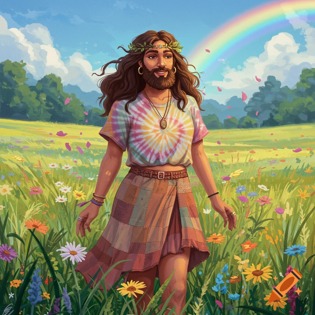 Illustrative portrait of a bearded person in a tie-dye shirt and flower crown, walking through a vibrant flower field with a rainbow.
