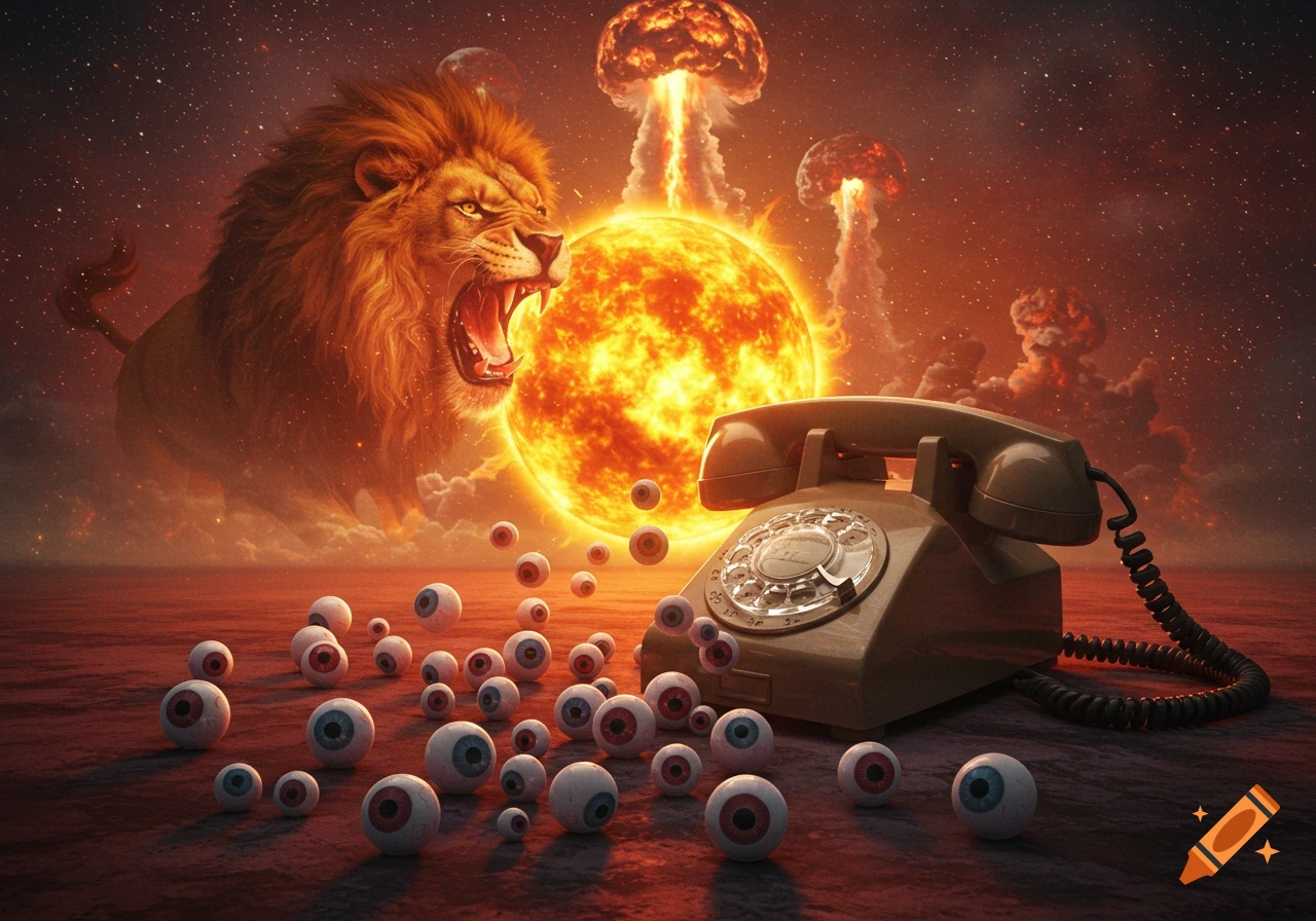 A roaring lion, an exploding sun with mushroom clouds, a telephone, and scattered eyeballs on a surreal, cosmic landscape.