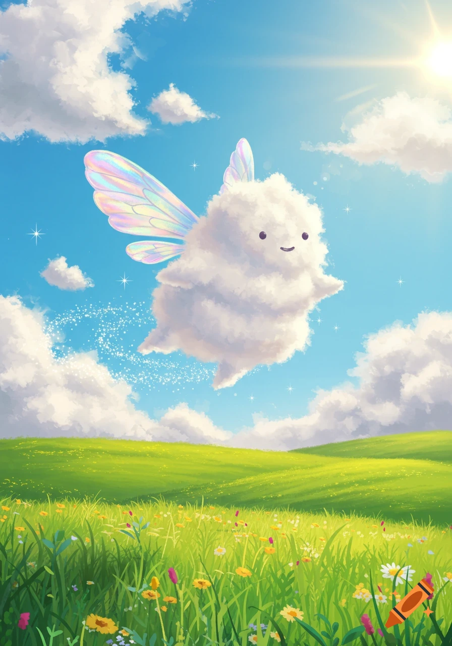 A cute, fluffy white cloud creature with iridescent wings flies happily over a vibrant green meadow with wildflowers under a blue sky.