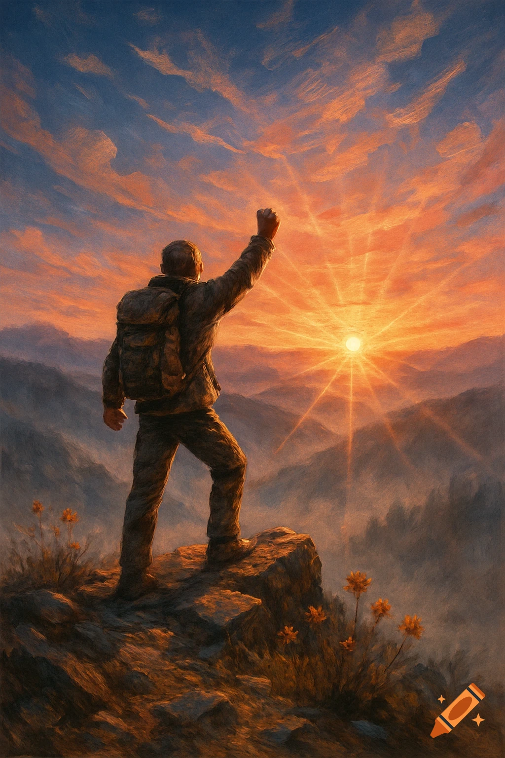 A person with a backpack stands on a rocky peak, raising a fist towards a vibrant orange and blue sunset over mountains, in a painterly style.