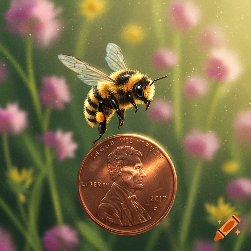 A fuzzy bumblebee hovers above a copper penny in a sun-dappled field of soft pink and yellow flowers.