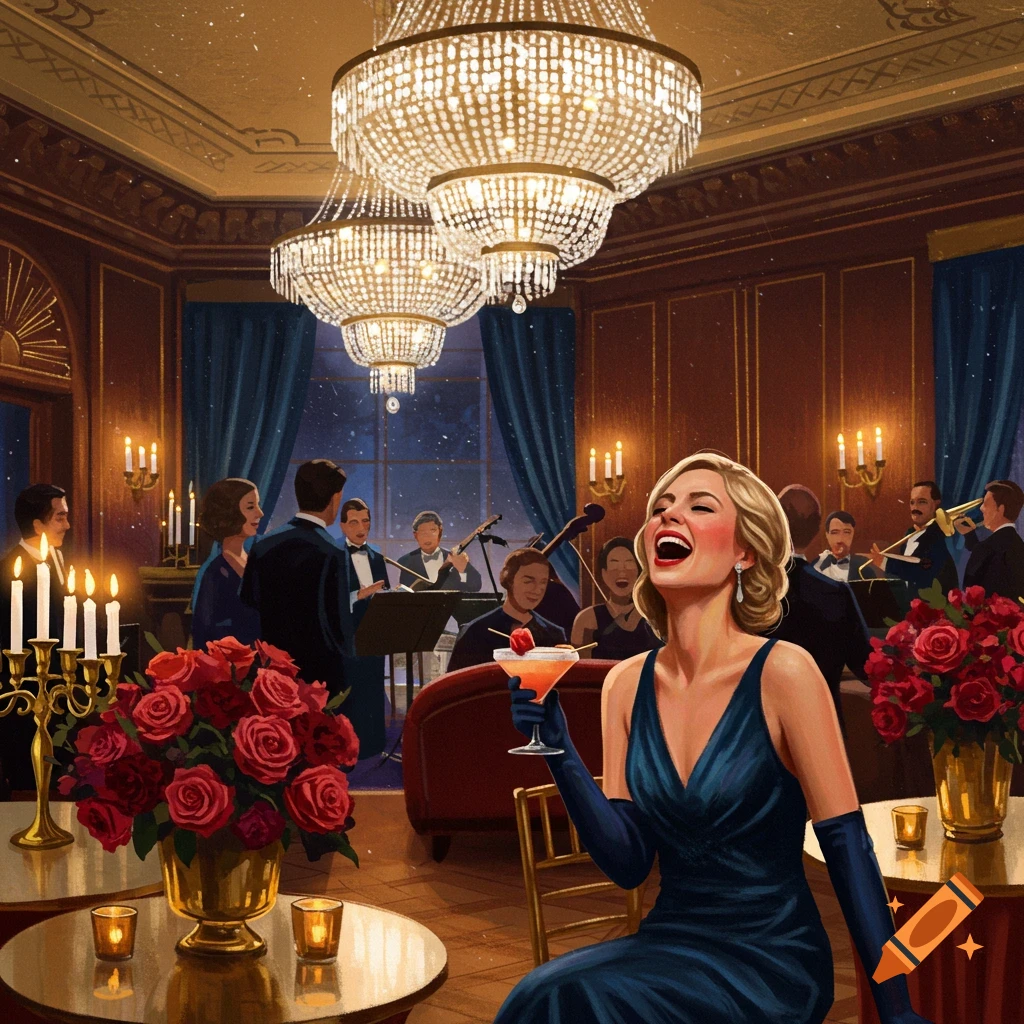 An elegant woman in a blue gown laughs, holding a cocktail at a lavish party with a live band and crystal chandeliers.