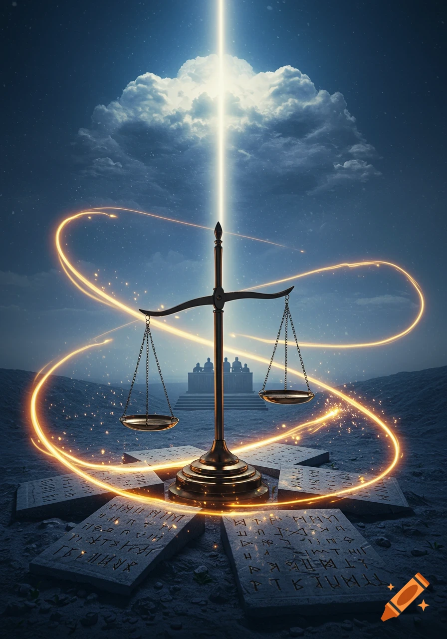 Golden scales of justice on stony ground with ancient tablets, bathed in a celestial light beam and swirling golden energy.