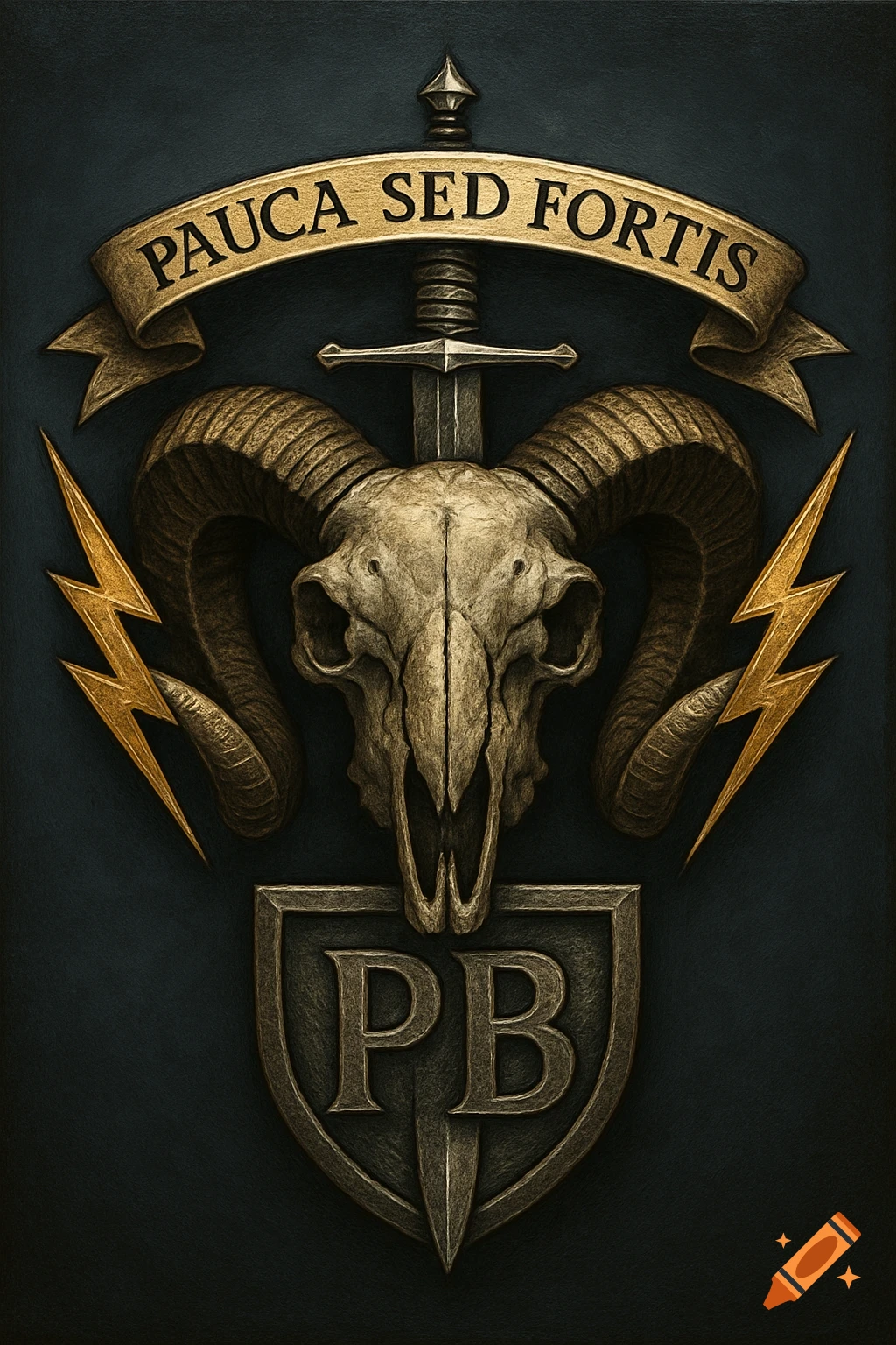 An ornate emblem featuring a ram's skull, a sword, lightning bolts, and a banner reading 'Pauca Sed Fortis' above a shield with 'PB', on a dark background.