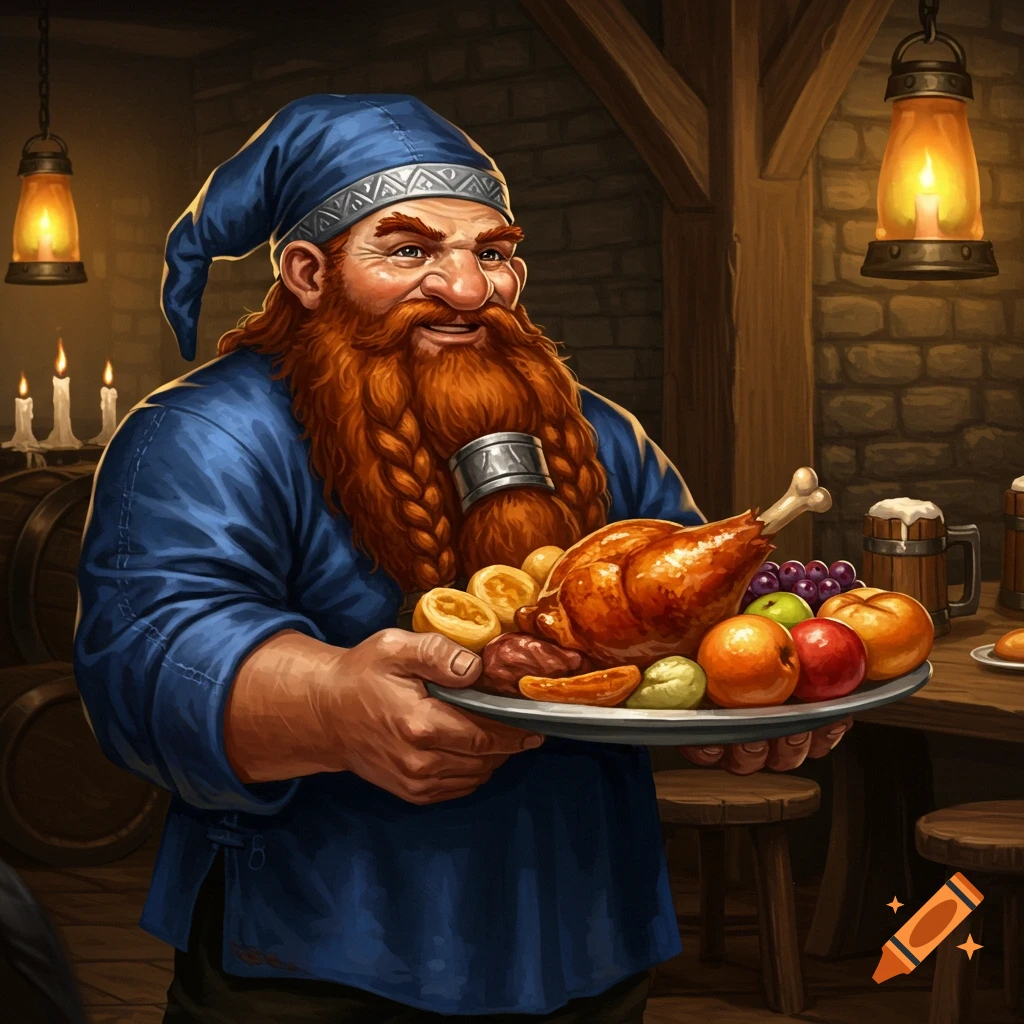 Smiling dwarf in a blue hat and shirt holding a platter with a roasted bird, fruits, and rolls in a tavern, digital painting.