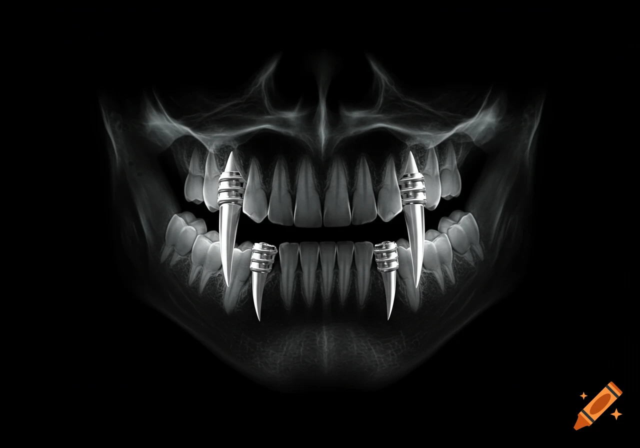 X-ray of a vampire's jaw showing fangs with metallic implants on a black background.