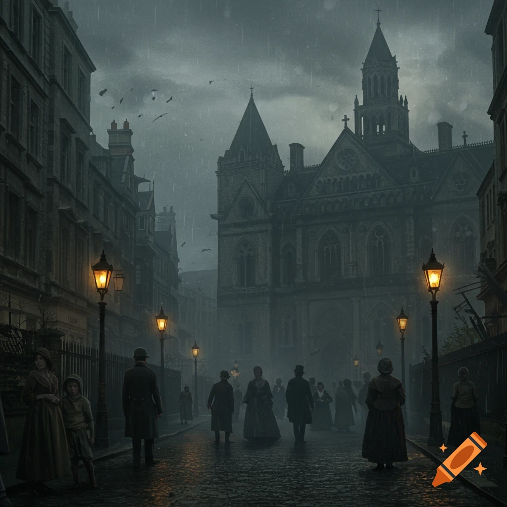A dark, rainy Victorian street scene with people walking past glowing gas lamps and ornate gothic buildings under a stormy sky.