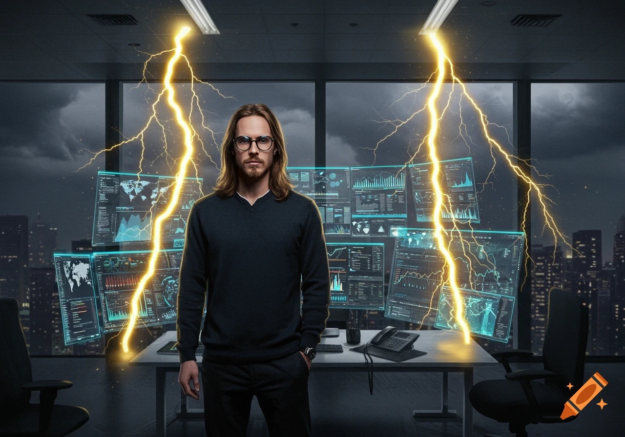 A man with long hair and glasses stands in a high-rise office with a stormy cityscape and data screens in the background, amidst glowing lightning bolts.