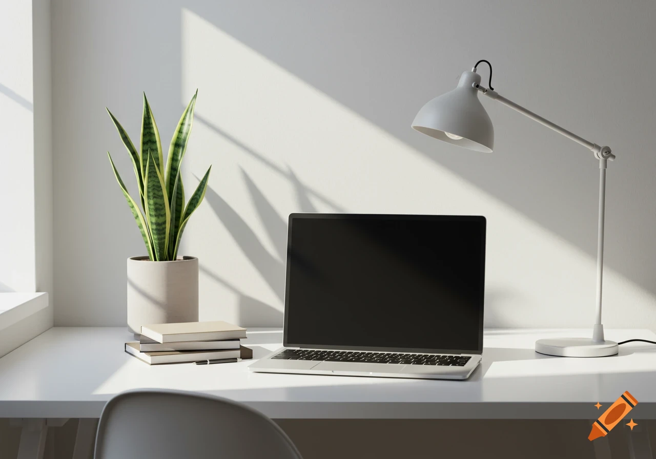 A minimalist home office workspace with a laptop, snake plant, books, and lamp on a white desk, bathed in natural light.