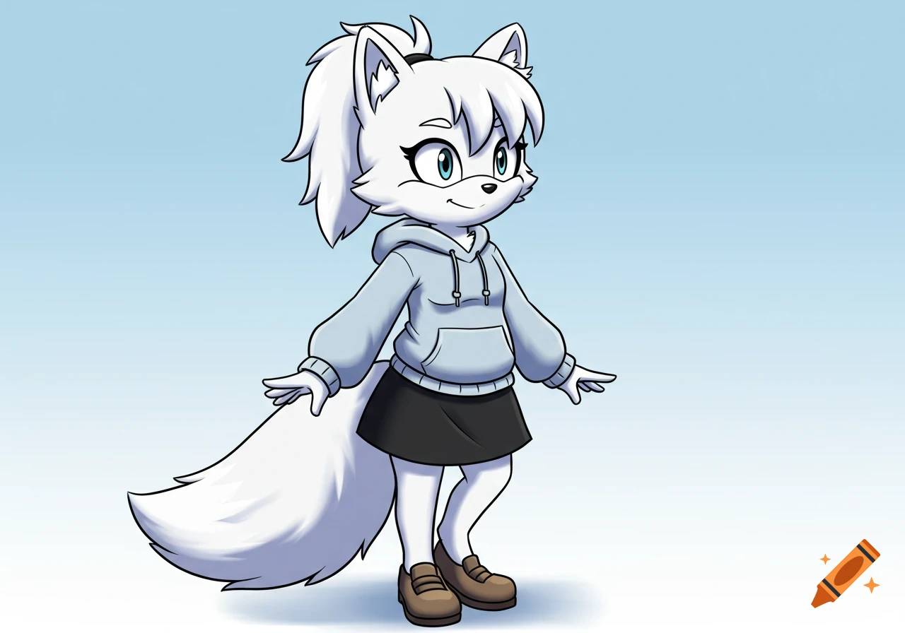 A 2D cartoon anthropomorphic female arctic fox with white fur, wearing a light grey hoodie, a black skirt, and brown shoes. Her white hair is tied in a ponytail.