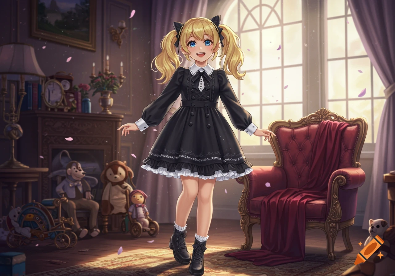 A cheerful anime girl with blonde pigtails and a black lolita dress stands in an elegant room with a fireplace and large window.