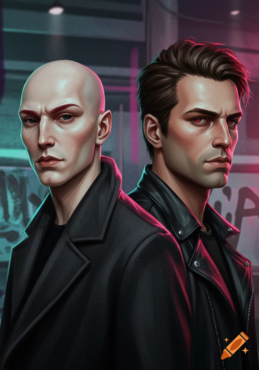 A stylized illustration of two men in dark coats, one bald with red eyebrows and one with dark hair and glowing red eyes, against a neon-lit urban background.