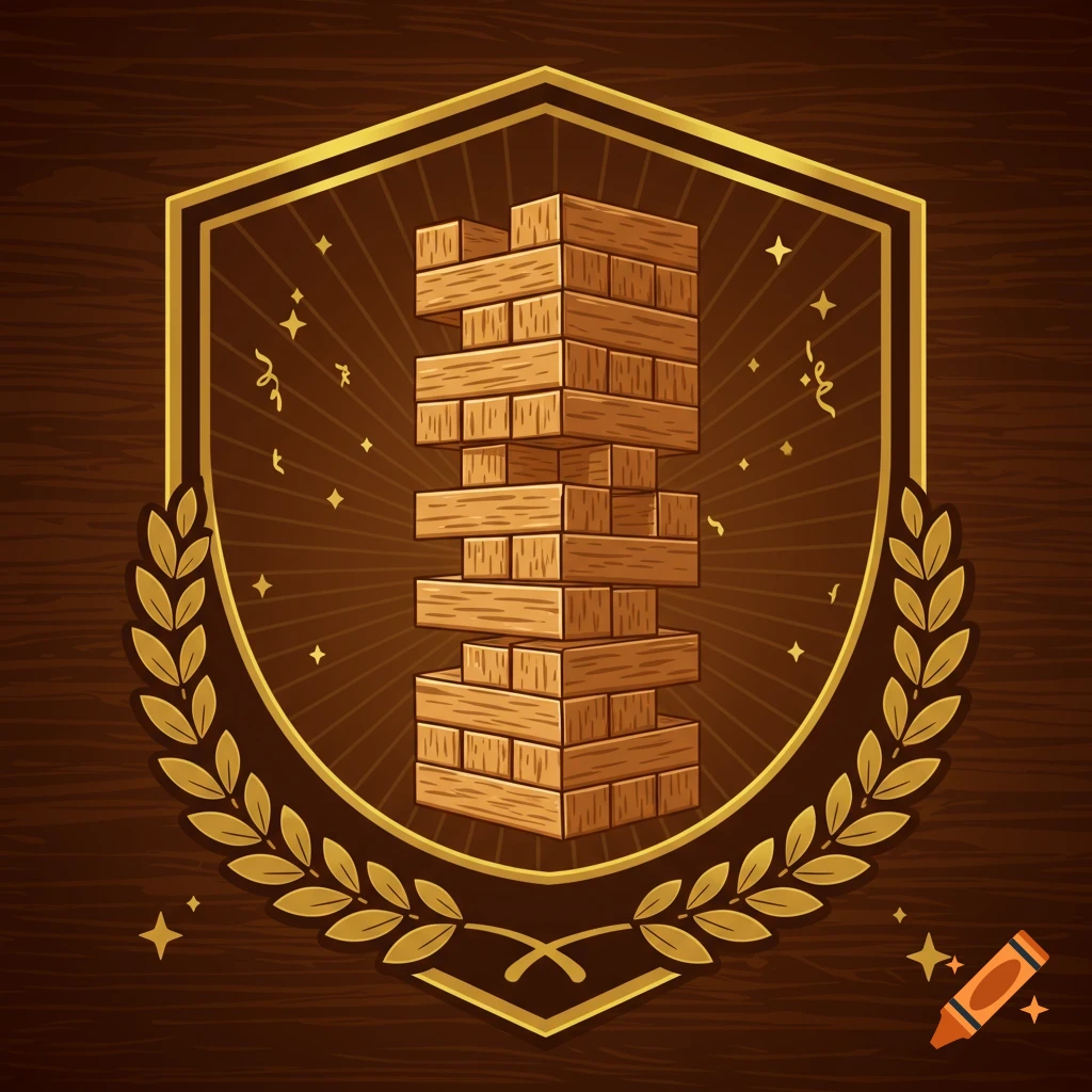 Illustration of a Jenga tower within a golden crest badge adorned with laurel leaves and stars, set against a dark wooden background.