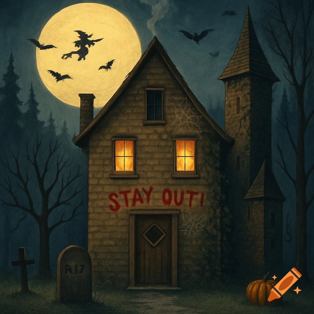 A spooky Halloween scene with a haunted house, full moon, flying witches, bats, a gravestone, and a pumpkin. 'STAY OUT!' is spray-painted on the house.