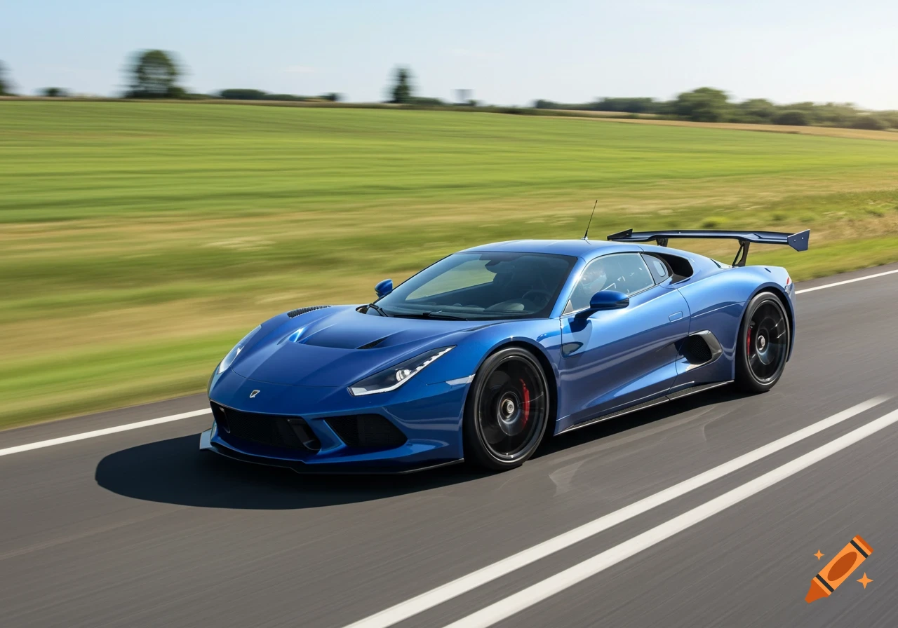A sleek blue sports car speeds down a highway, blurring the green fields in the background.