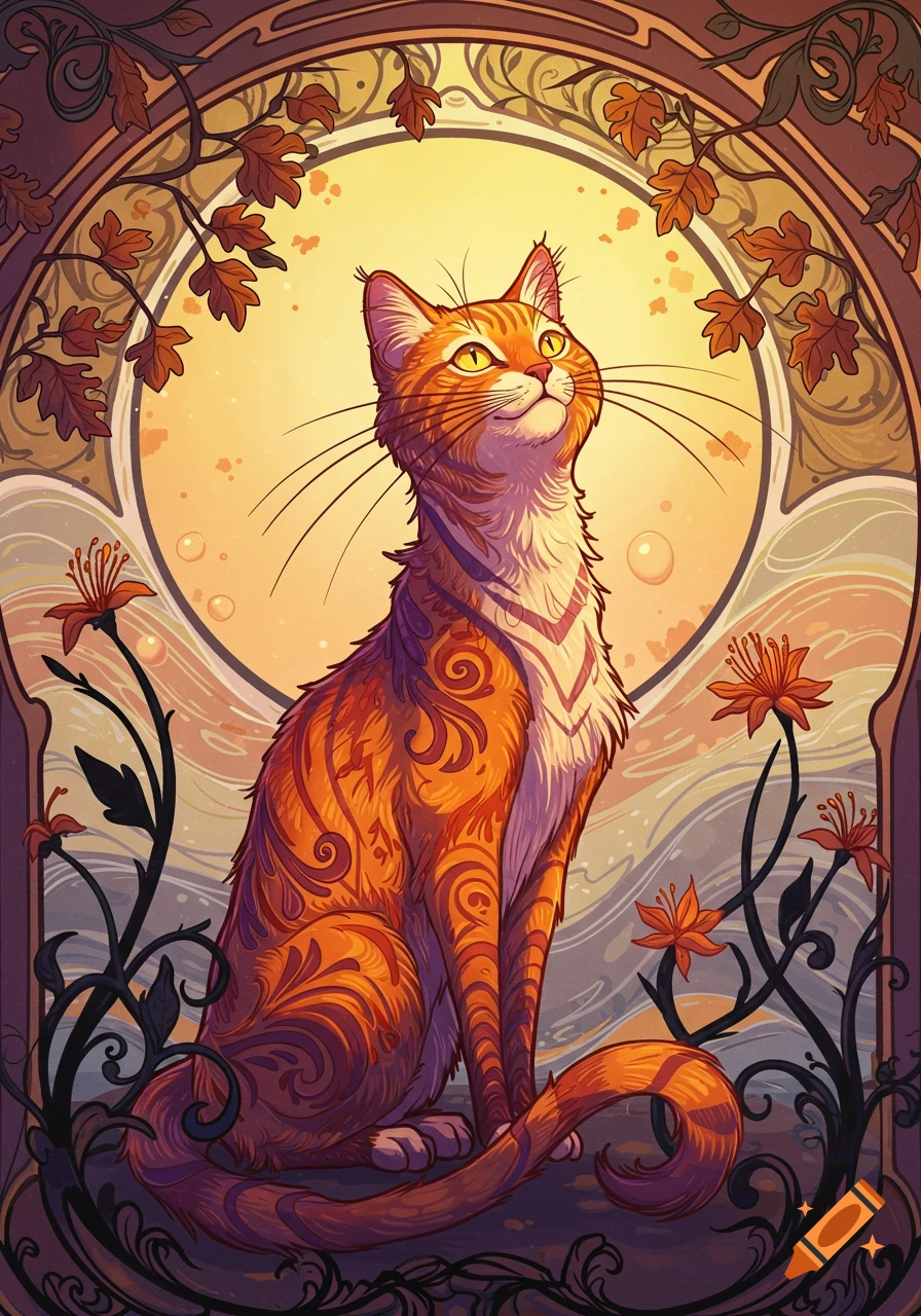An orange tabby cat with swirling patterns, looking up, framed by an Art Nouveau arch with leaves and flowers against a warm background.