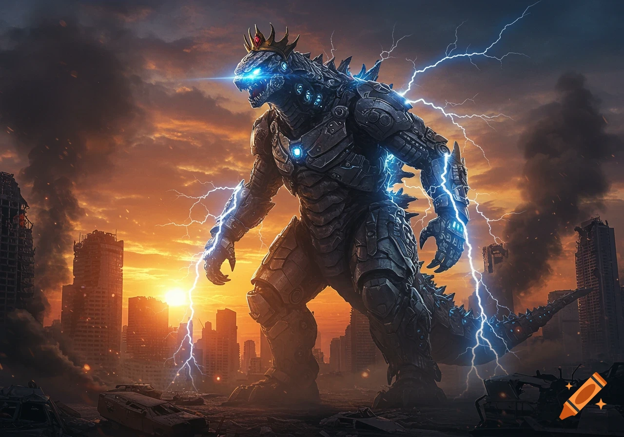 A colossal armored Godzilla-like monster with a crown and glowing blue eyes stands in a ruined city at sunset, surrounded by electric lightning.