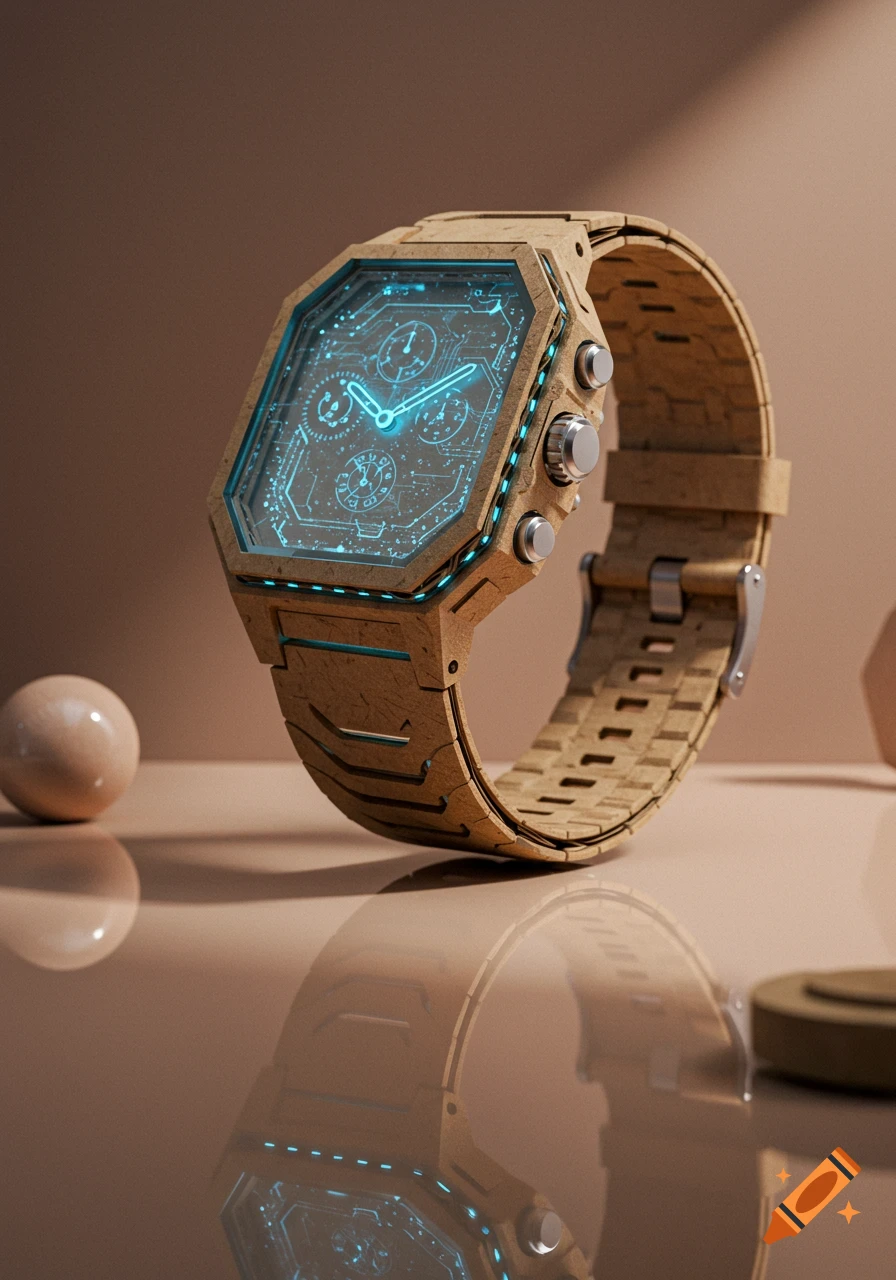 A futuristic, polygonal watch made of cardboard-like material with a glowing blue digital display sits on a reflective brown surface.