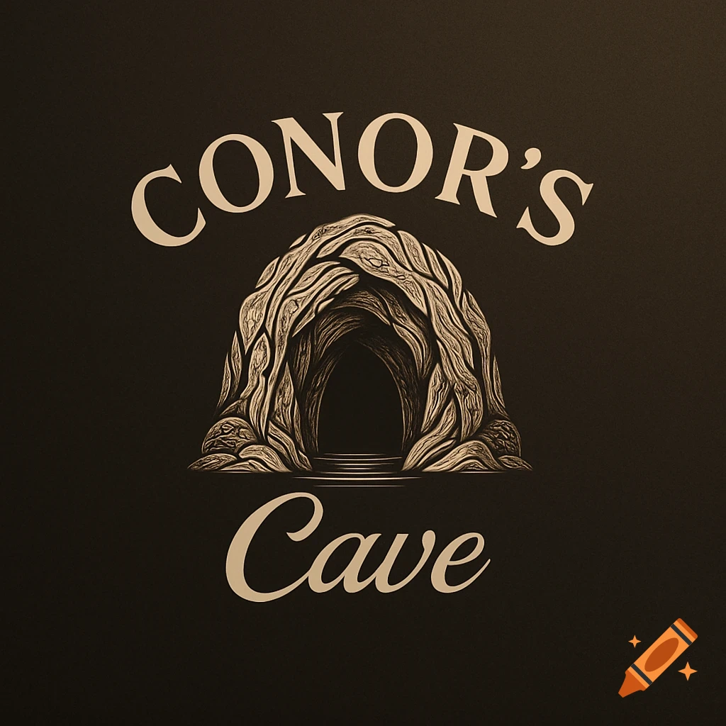 Logo for 'Conor's Cave' restaurant with a stylized cave entrance and white text on a dark background.