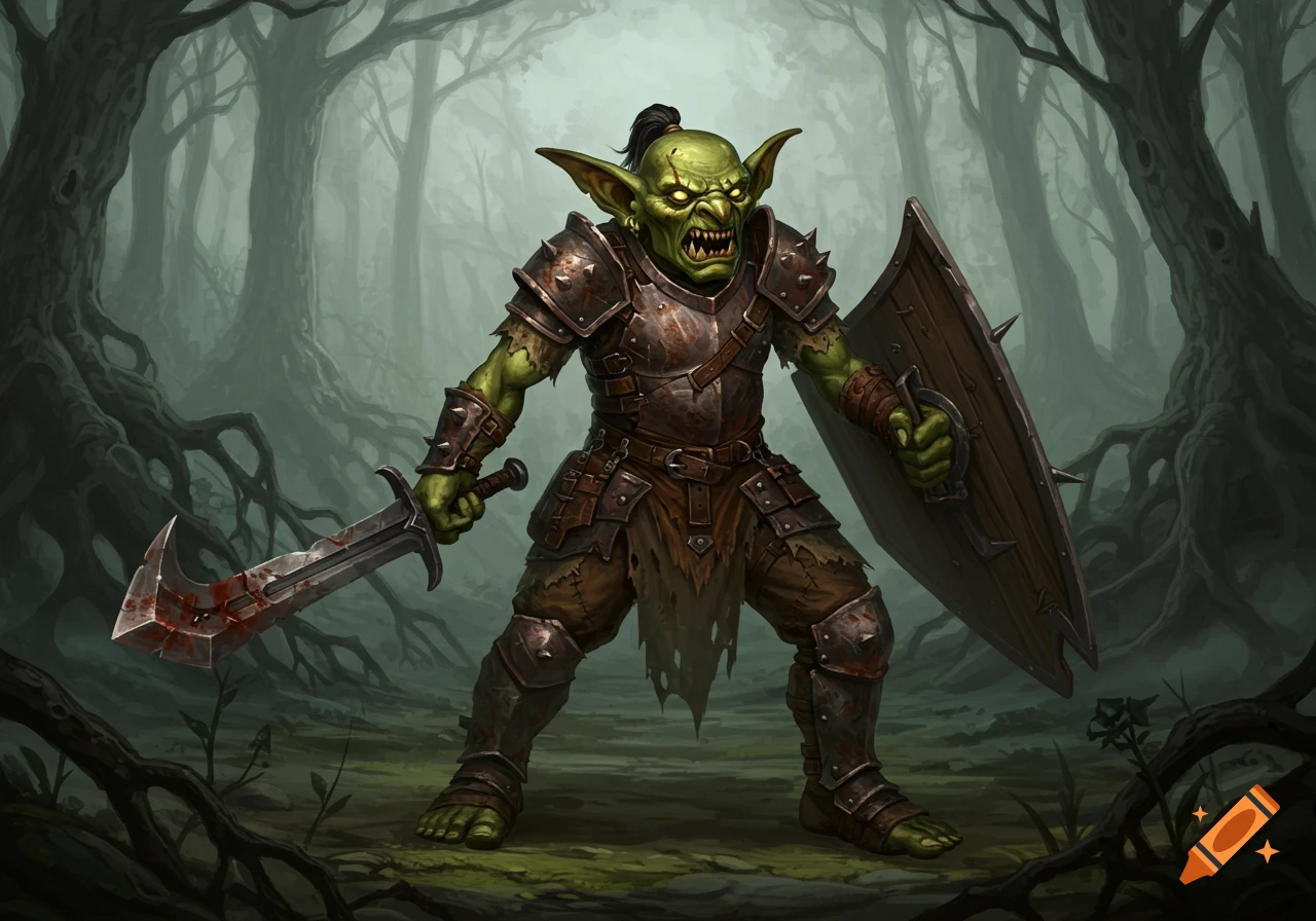 A menacing green goblin in worn metal and leather armor, holding a bloody sword and a spiked shield, stands in a misty, dark forest.