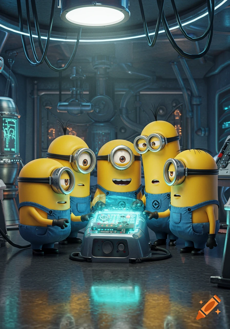 Five Minions in a dark, high-tech lab look intently at a glowing control panel.
