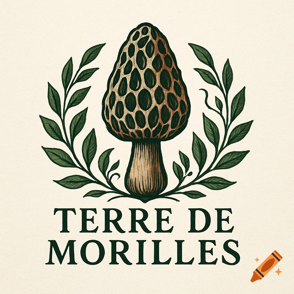 An illustrated logo featuring a morel mushroom surrounded by a wreath of green leaves, with the text "TERRE DE MORILLES" below.