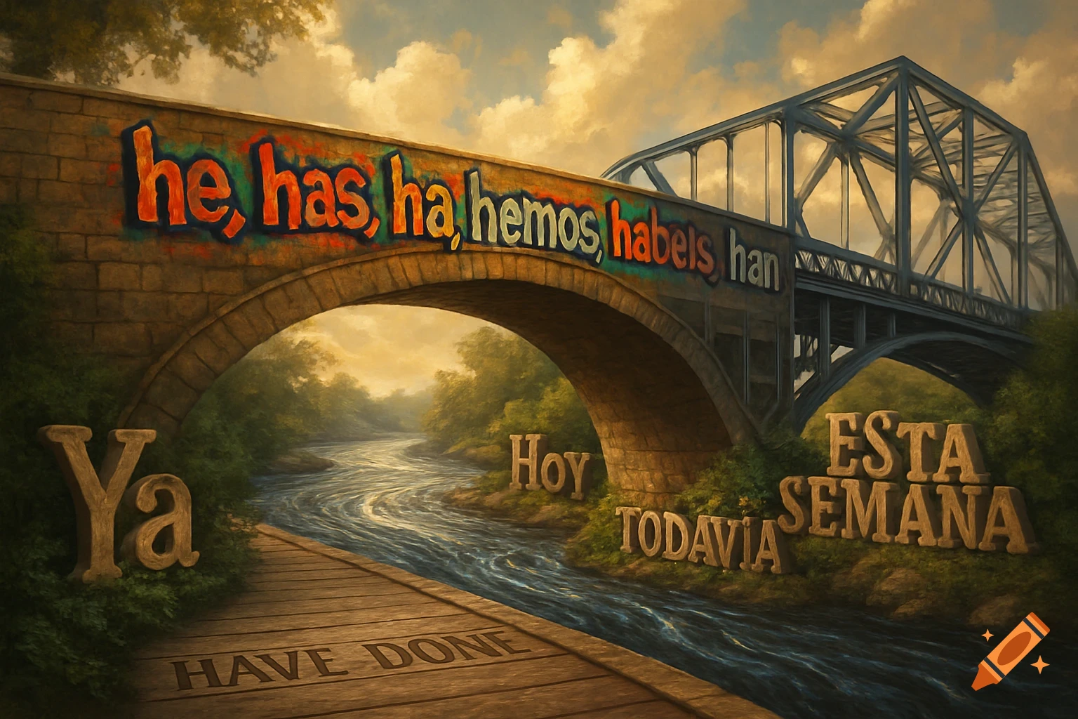 A painted landscape shows a stone arch bridge and a metal bridge over a river. Spanish conjugations are graffitied on the arch bridge, with English and Spanish words carved into the riverbanks and wooden path.