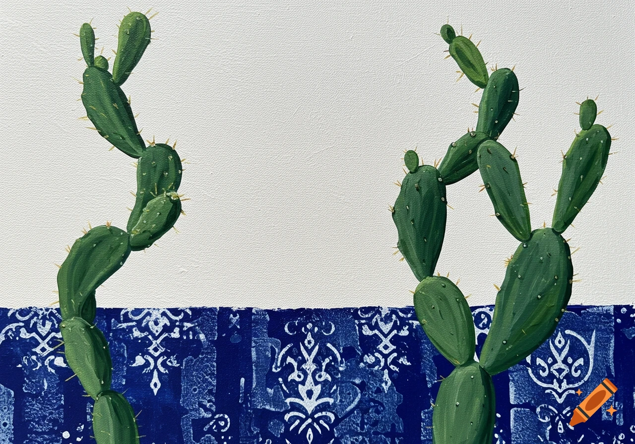 Acrylic painting of two green prickly pear cacti with golden spines on a white background and a blue and white patterned base.