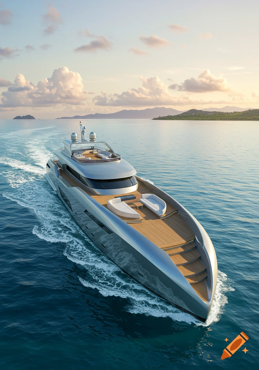 A sleek, modern yacht cruises across blue water, leaving a white wake, with islands and a pastel sky in the background.