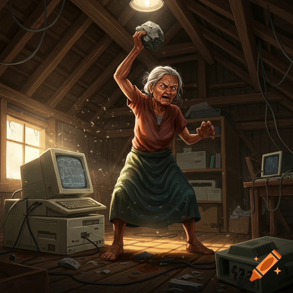 An angry old woman in an attic lifts a rock, preparing to smash a vintage computer with a CRT monitor. Debris litters the dusty wooden floor around her.