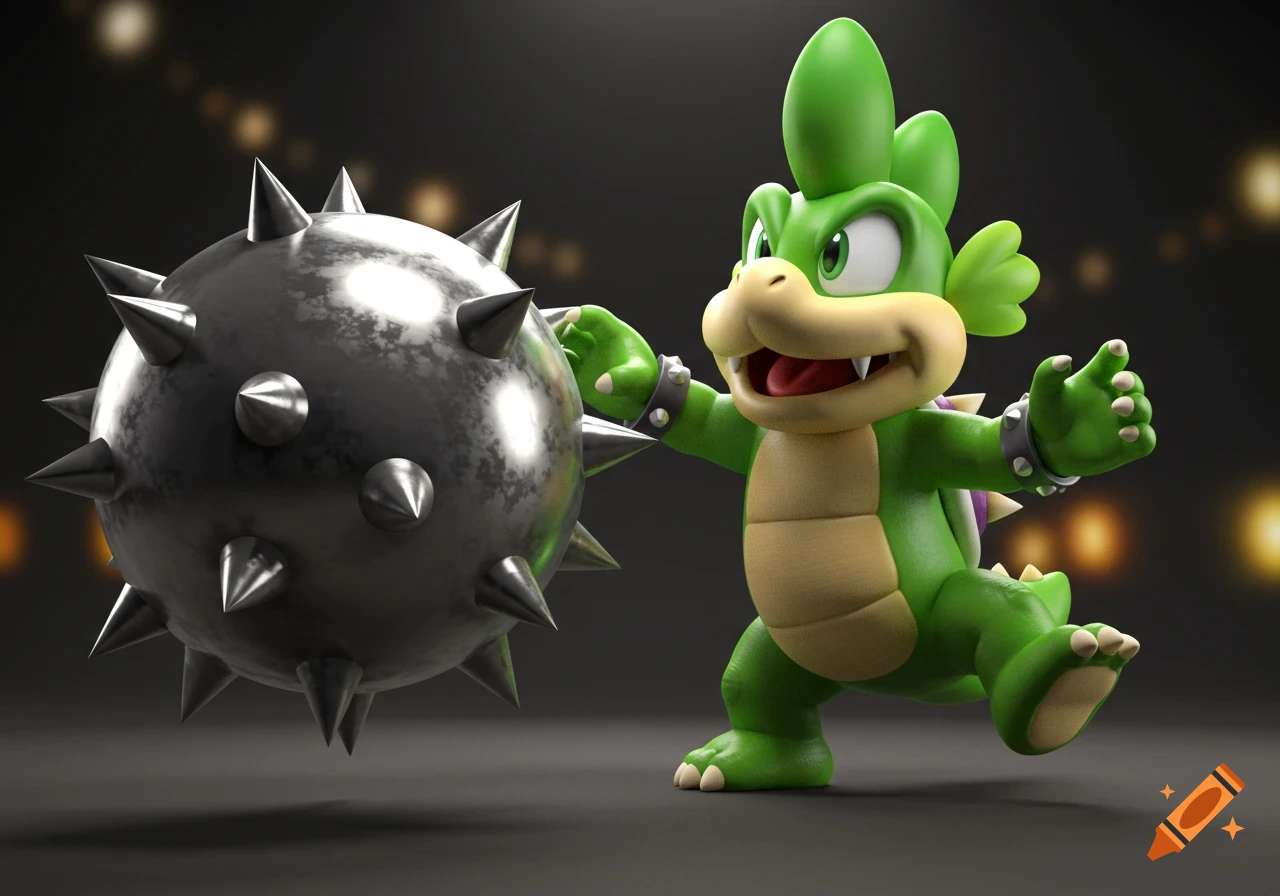 A photorealistic 3D render of the green Mario character Spike, with a spike ball, against a dark background.