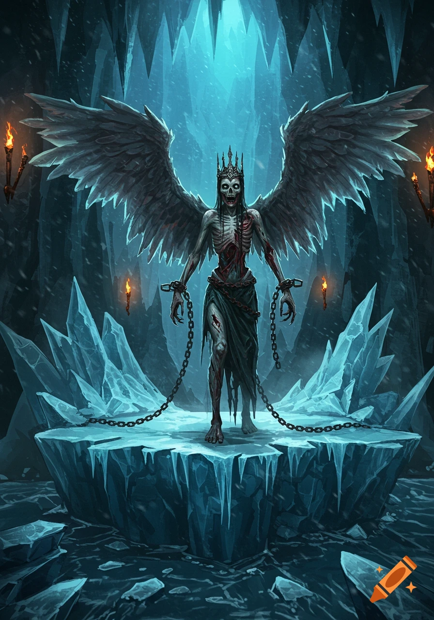 A skeletal winged figure wearing a crown, chained to an icy platform in a dark, frozen cave, rendered in a fantasy art style.