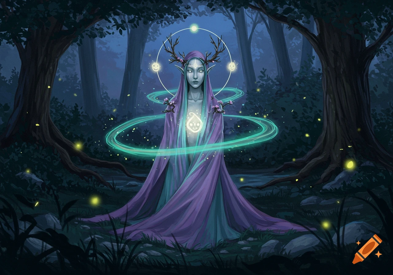 A pale elf with antlers and pointed ears in purple robes stands in a dark forest, surrounded by glowing green rings and fireflies.