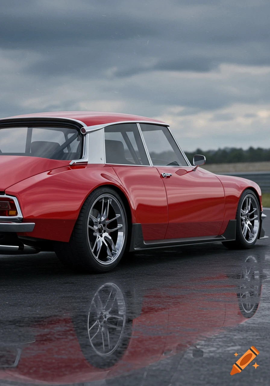 A photorealistic image of a red classic sports car, similar to a Citroën DS, parked on a wet surface under a cloudy sky.