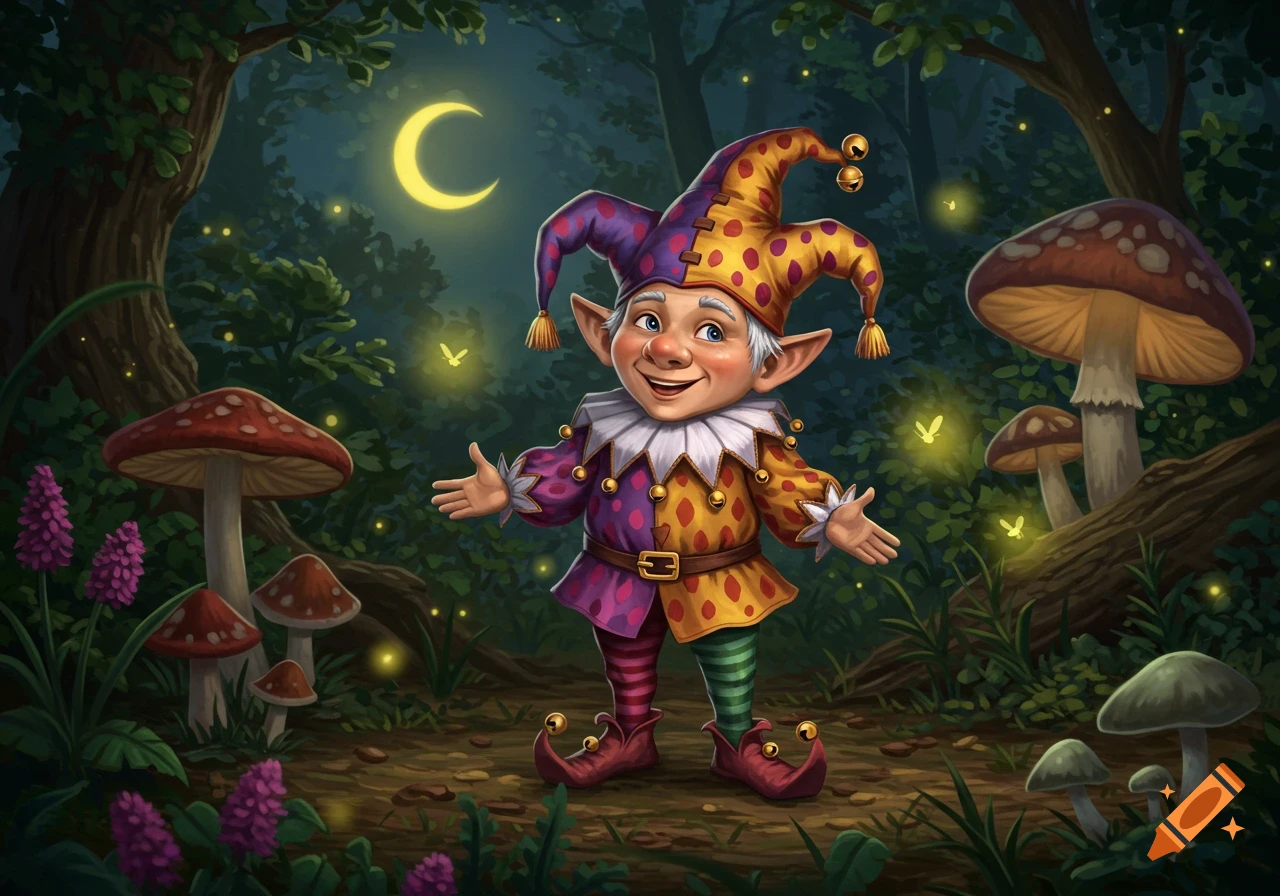 A cheerful gnome jester in a colorful outfit stands in a magical forest with glowing fireflies and mushrooms under a crescent moon.