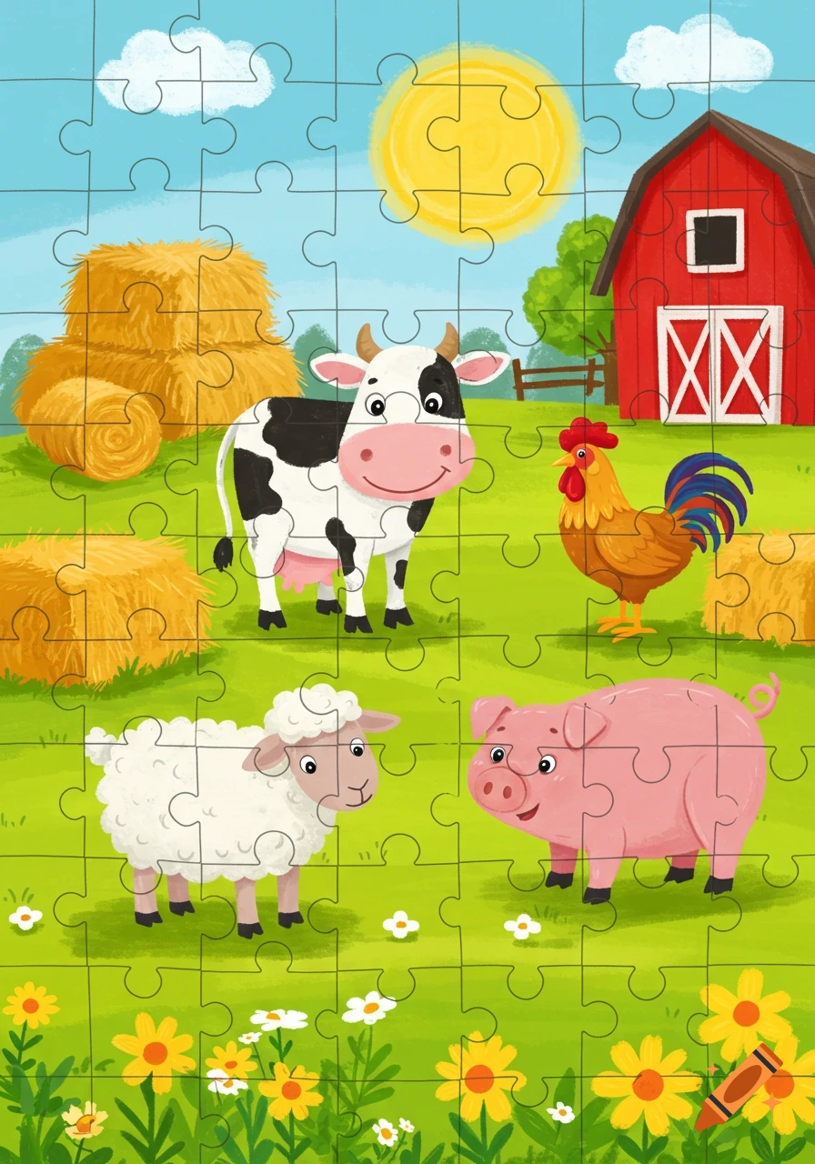 Cartoon puzzle showing a farm scene with a cow, rooster, sheep, and pig, a red barn, hay bales, sun, and flowers.