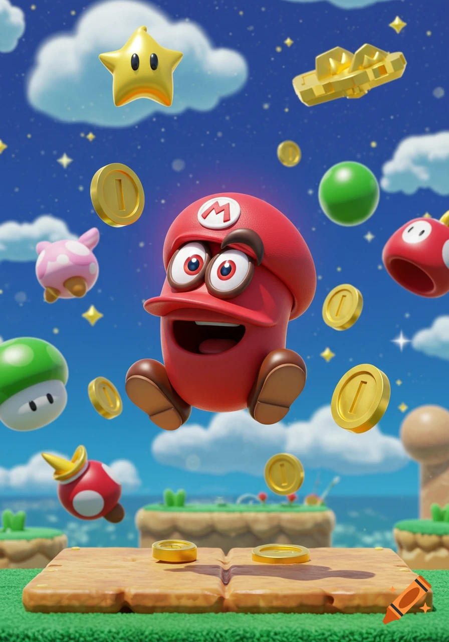 Cappy from Super Mario Odyssey floats in a starry sky amidst gold coins and power-ups above green platforms.