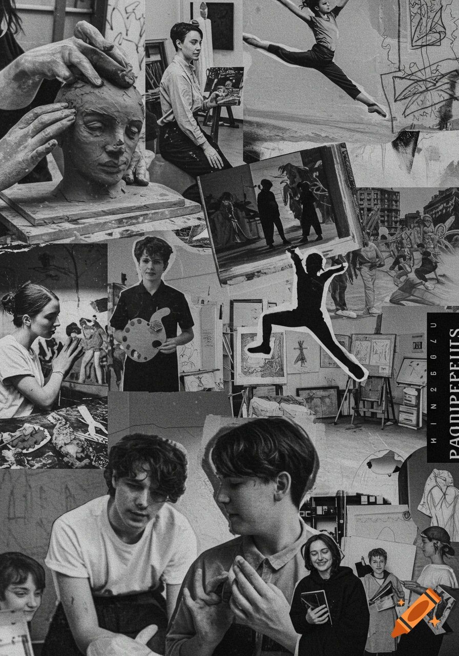 A black and white collage showing young people engaged in various art activities like sculpting, painting, drawing, and dancing, with abstract sketches.