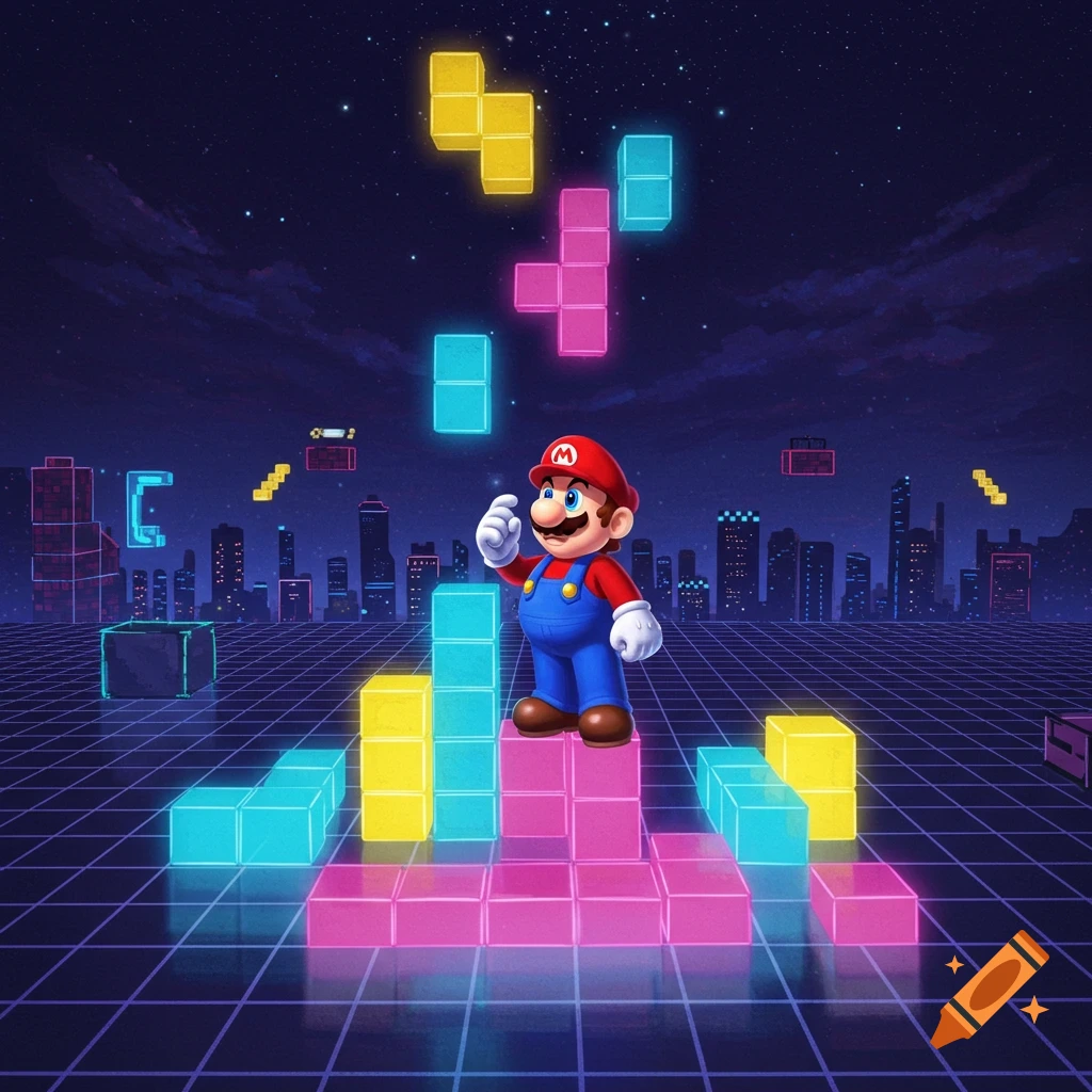 Mario stands on glowing Tetris blocks in a vibrant retro synthwave cityscape at night, with more blocks falling.