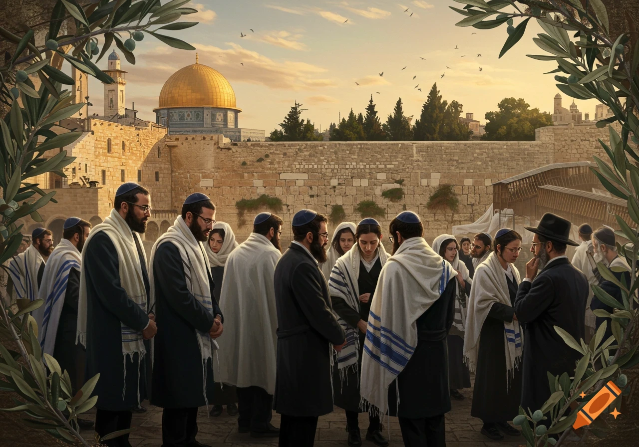 Photorealistic image of Jewish people praying at the Western Wall, Jerusalem, with the Dome of the Rock and olive trees.