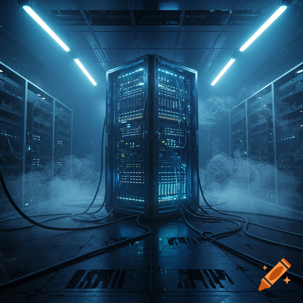 A dark, atmospheric server room with multiple glowing blue server racks connected by cables, surrounded by haze.
